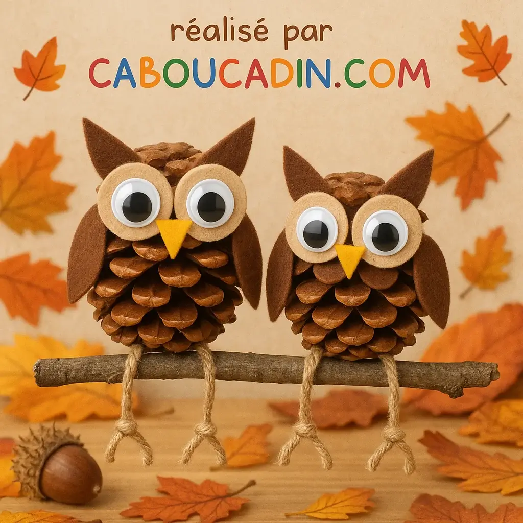Activité d’automne pour enfants : crée des hiboux en pommes de pin et feutrine hiboux realise avec des pommes de pin 3