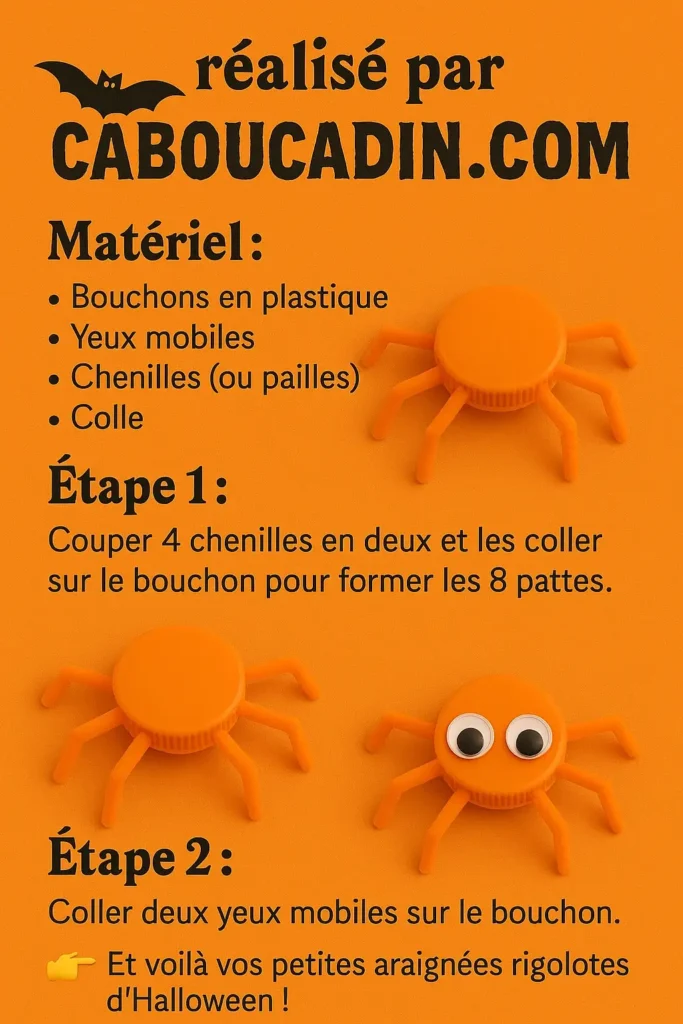 Activité Halloween enfants : petites araignées en bouchons plastique recyclés illustration tuto araignee hallowen avec bouchon en plastique