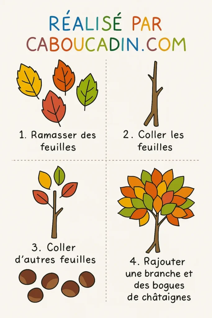 Activité d’automne pour enfants : fabrique un arbre coloré avec des feuilles ramassées en forêt illustration tuto arbre automne avec des feuilles mortes 1