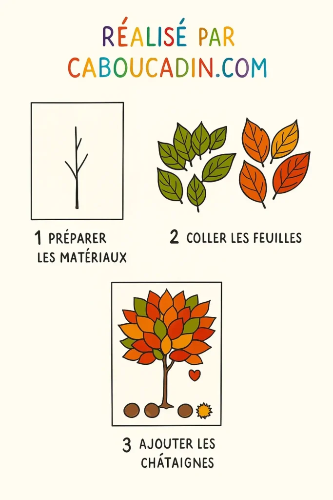 Activité d’automne pour enfants : fabrique un arbre coloré avec des feuilles ramassées en forêt illustration tuto arbre automne avec des feuilles mortes 2