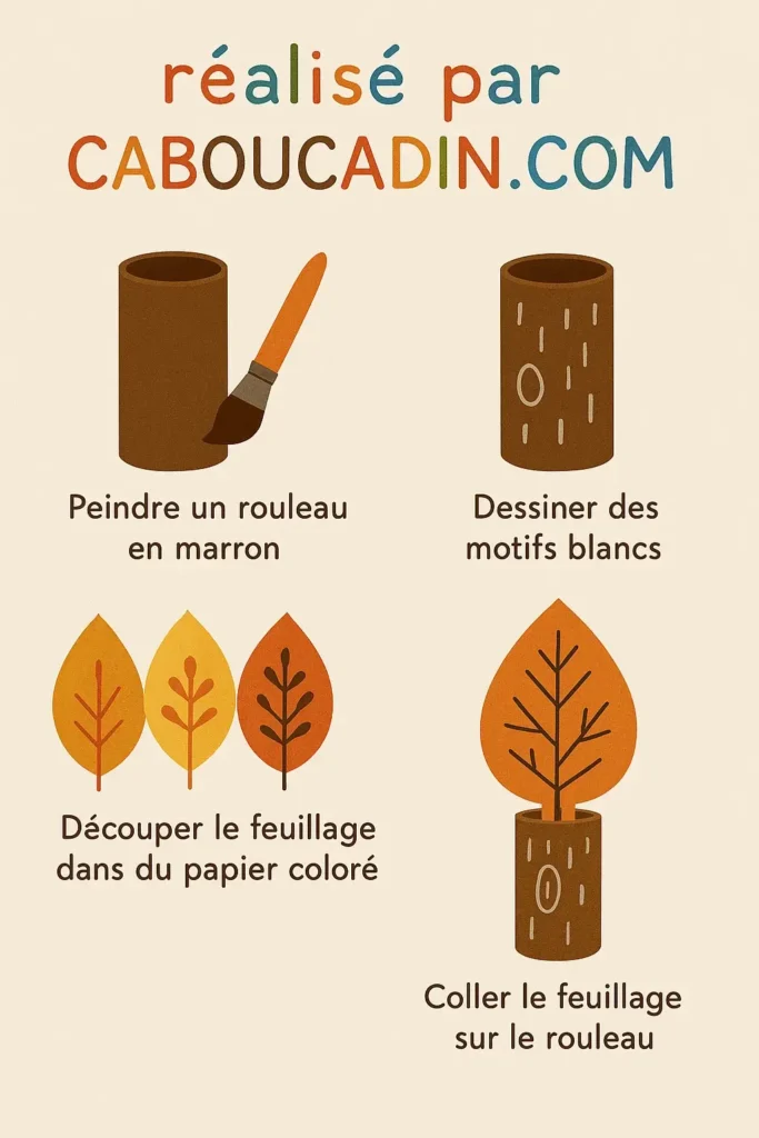 Activité d’automne pour enfants : créer des arbres colorés avec des rouleaux de carton illustration tuto arbres automne avec rouleaux en carton