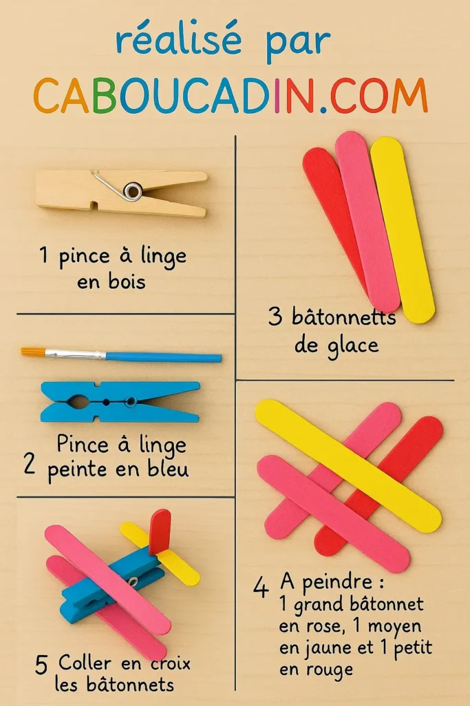 illustration tuto avion avec epingle a linge et batonnets en bois