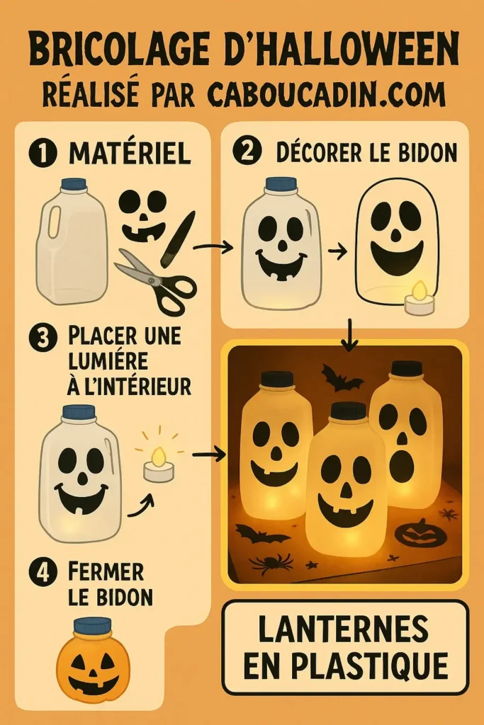 Bricolage Halloween enfant : fabrique facilement un fantôme lumineux avec une bouteille en plastique illustration tuto bidons plastique fantomes halloween eclaire avec led