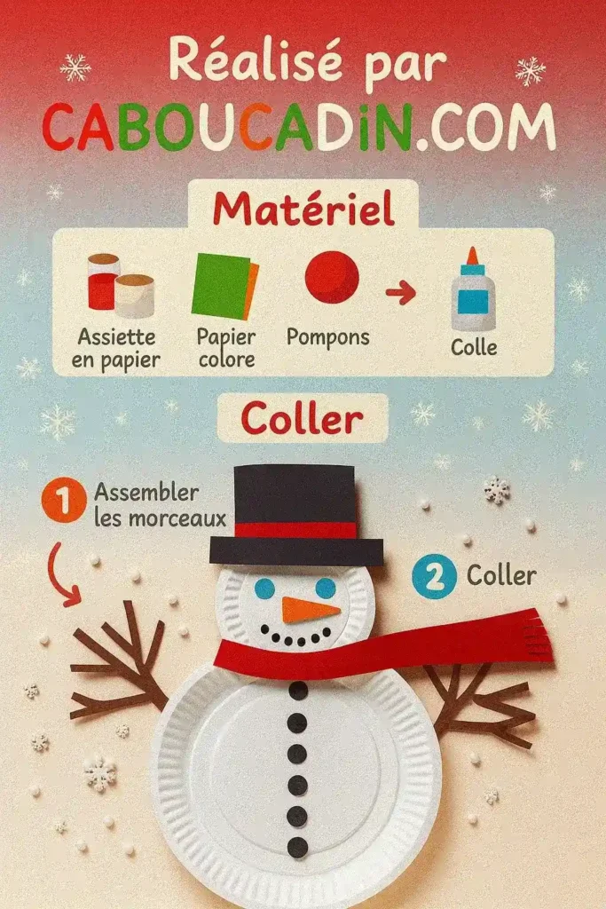 illustration tuto bonhomme neige noel avec deux assiettes en carton