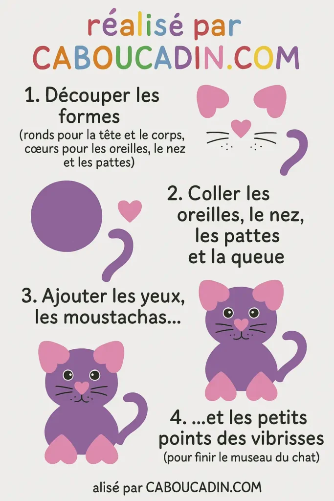 Activité manuelle maternelle : un chat avec papier de couleur illustration tuto bricolage maternelle chat papier violet 2