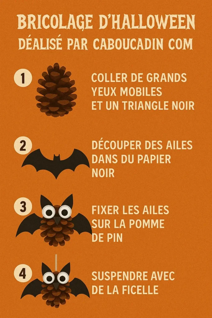 Bricolage Halloween maternelle : fabriquer des chauves-souris avec des pommes de pin illustration tuto chauves souris halloween pomme de pin