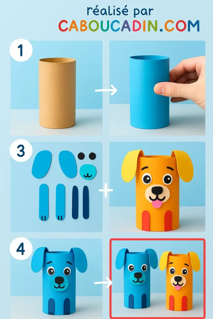 Bricolage chien en rouleau de papier : activité manuelle facile pour enfants illustration tuto chiens colores avec rouleaux en carton