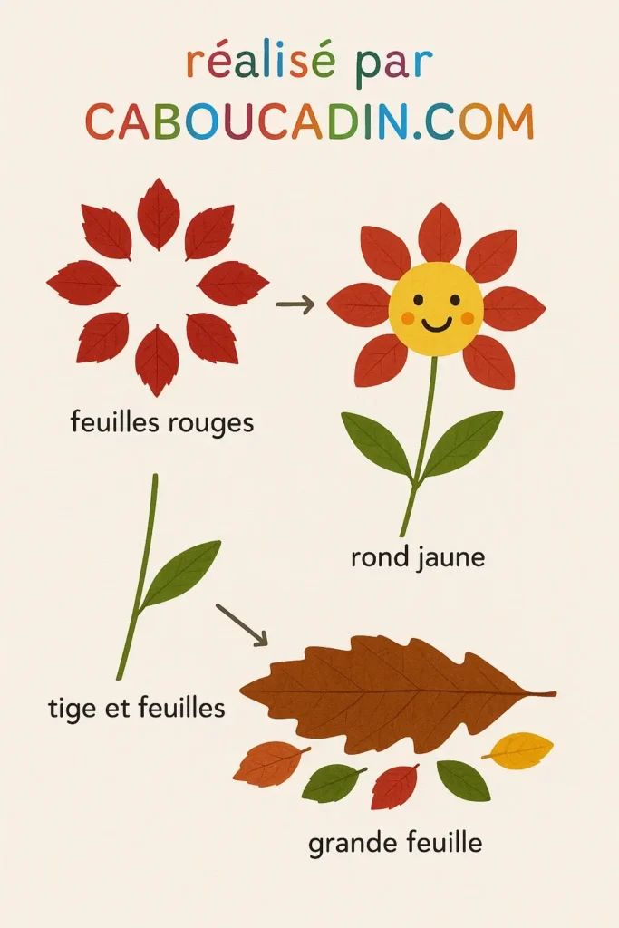 Bricolage automne maternelle : fabrique de jolies fleurs en feuilles morte illustration tuto fleurs realisee avec feuilles mortes automne
