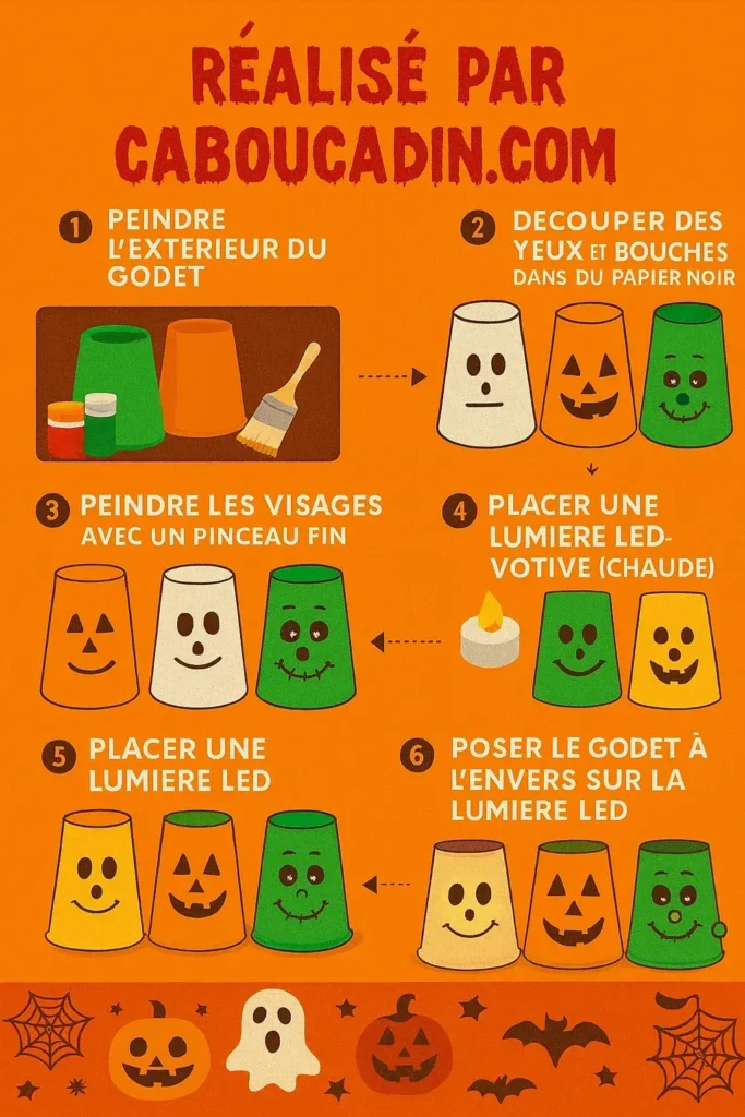 illustration tuto gobelets en plastique halloween avec led