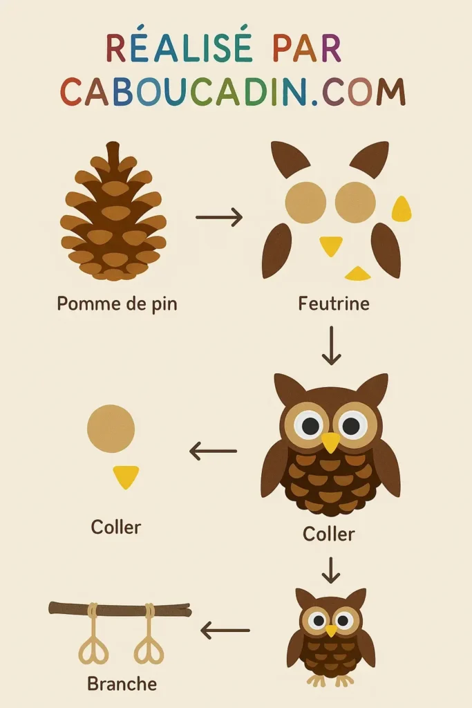 Activité d’automne pour enfants : crée des hiboux en pommes de pin et feutrine illustration tuto hiboux realise avec des pommes de pin 1