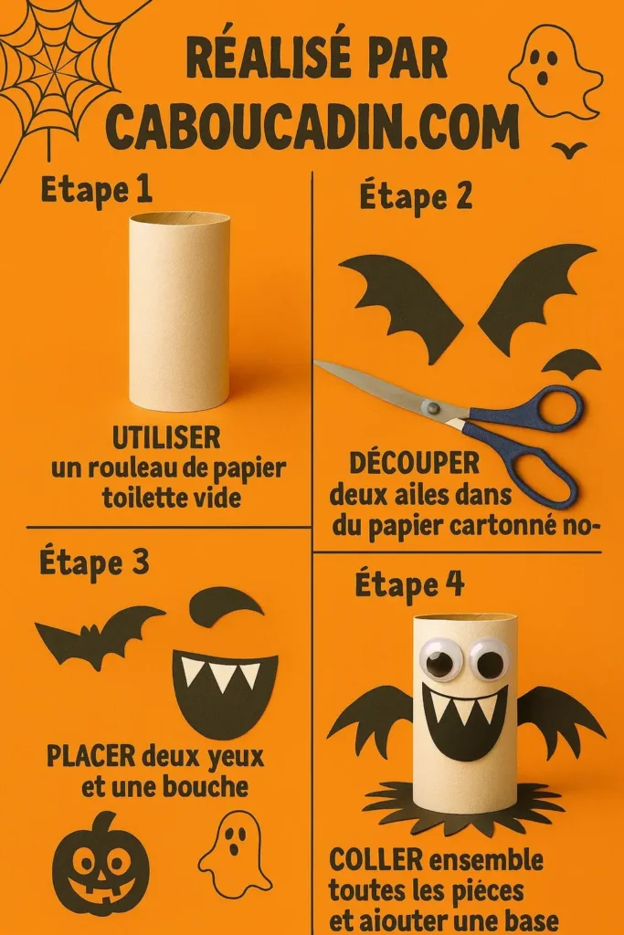 Bricolage Halloween maternelle : fabrique un monstre rigolo avec un rouleau de papier toilette illustration tuto monstre halloween rouleau en carton 1