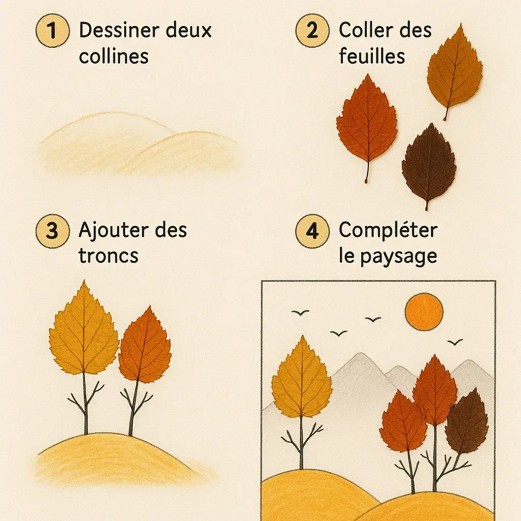illustration tuto paysage automne avec feuilles mortes