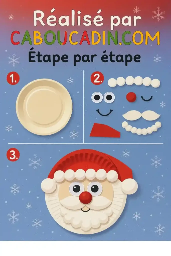 illustration tuto pere noel avec assiette en carton et boules de coton