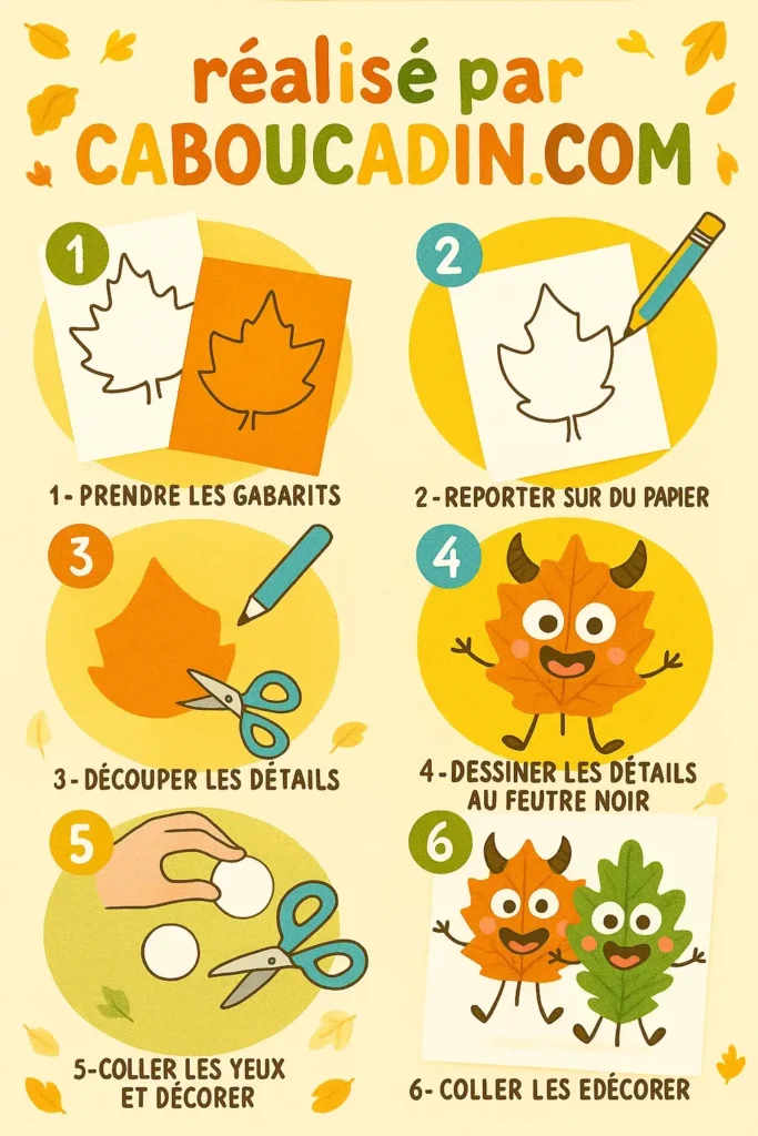 Bricolage automne maternelle : personnages avec des feuilles mortes illustration tuto personnages avec feuilles mortes automne