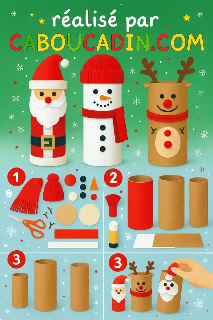 illustration tuto personnages noel bonhomme neige renne rouleau en carton