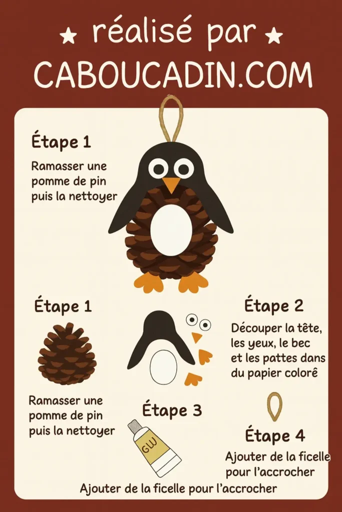 illustration tuto pingouin noel avec pomme de pin