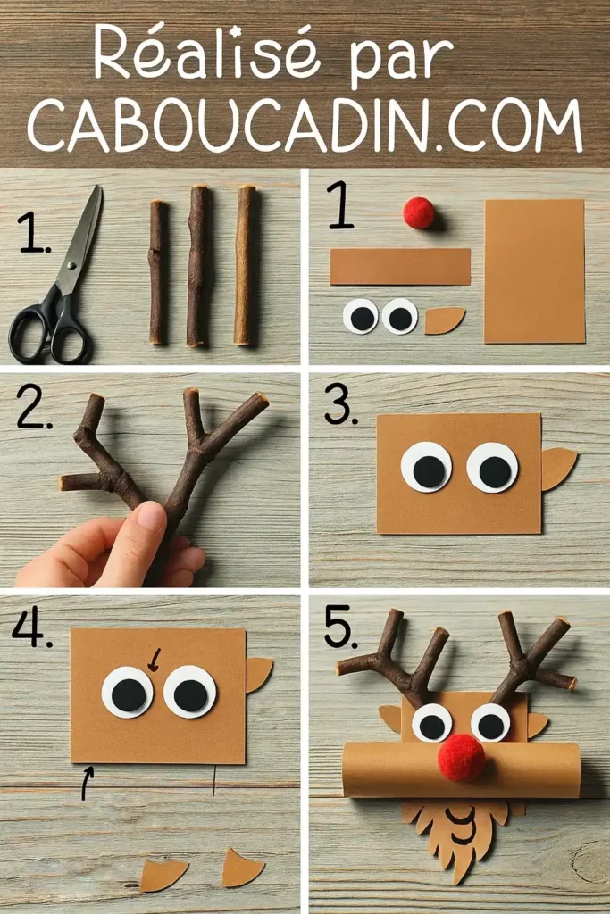 Renne de Noël en rouleau de carton horizontal : bricolage facile pour enfants illustration tuto renne de noel avec rouleau en carton horizontal