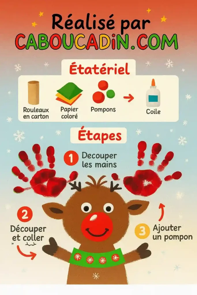 illustration tuto renne noel avec empreintes de mains enfants
