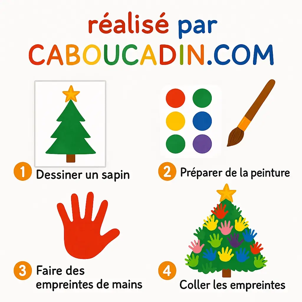illustration tuto sapin noel avec decoration empreintes de main couleur 1