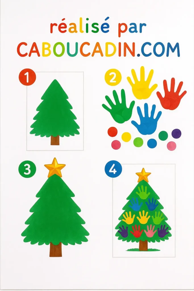 illustration tuto sapin noel avec decoration empreintes de main couleur
