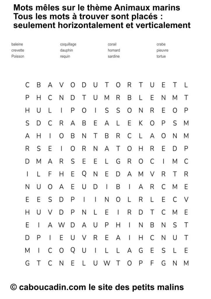 10 grilles de mots mêlés sur les animaux marins 10 grilles de mots mêlés sur les animaux marins