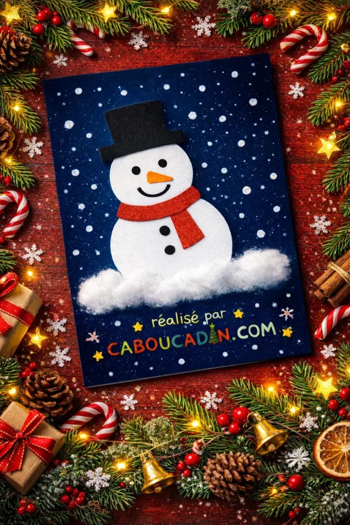 Carte de Noël enfant : bonhomme de neige en papier avec coton carte de noel bonhome de neige avec coton