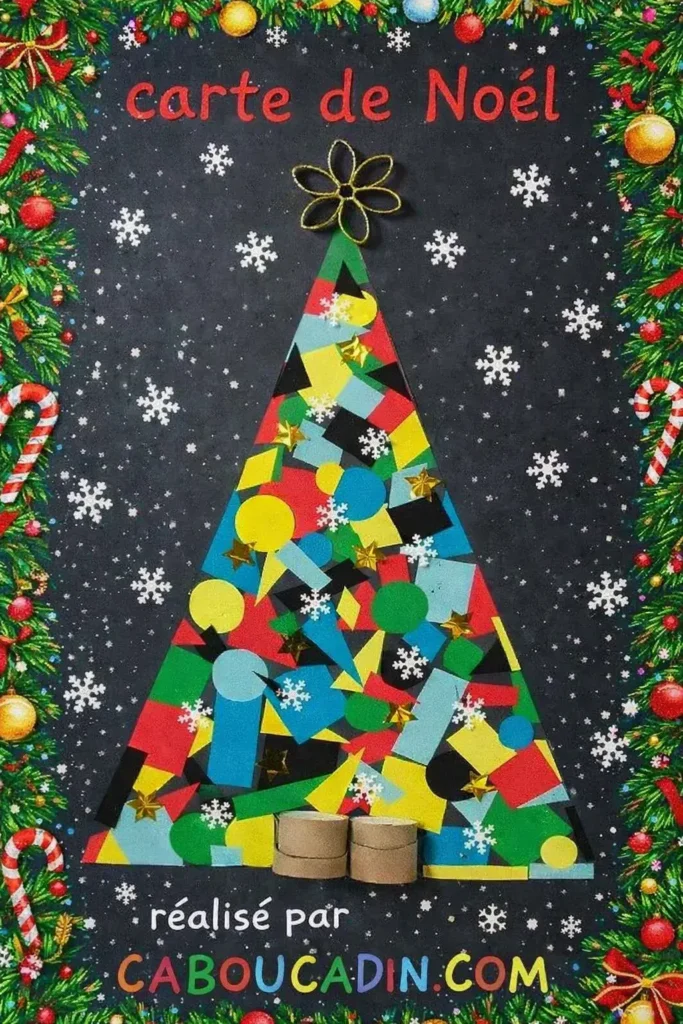 Fabriquer une carte de Noël sapin en papier multicolore carte de noel sapin avec differentes formes geometrique de multicolore