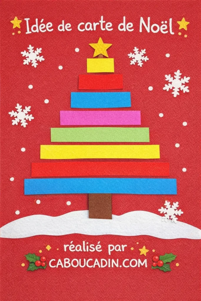 Bricolage de Noël enfant : carte sapin en bandes de papier colorées carte noel sapin avec bande de papier multicolore