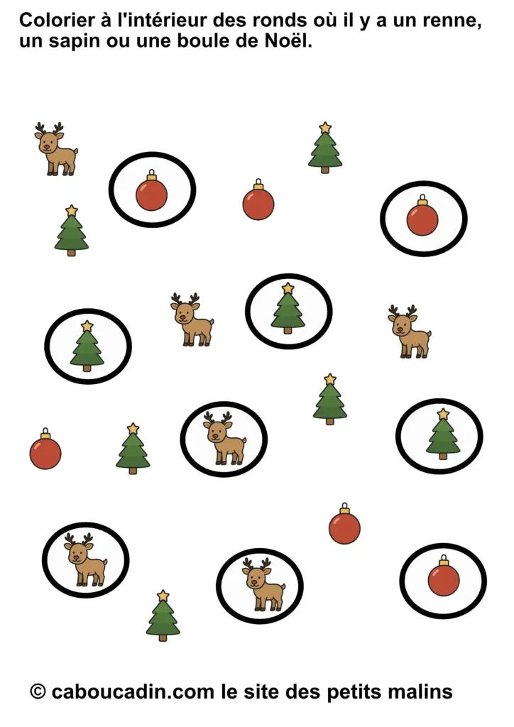 Fiche Noël Petite et Moyenne Section : Colorier les ronds avec rennes, sapins et boules fiche maternelle noel apprendre a interieur 1