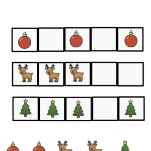 Fiche maternelle Noël : découper et coller les images manquantes (boules, rennes, sapins)