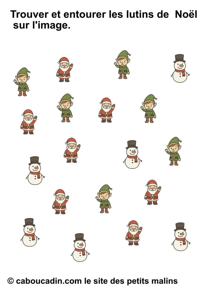 Fiches maternelle Noël : trouver et entourer les personnages de Noël (PS MS GS) fiche maternelle trouver et entourer lutins noel 5