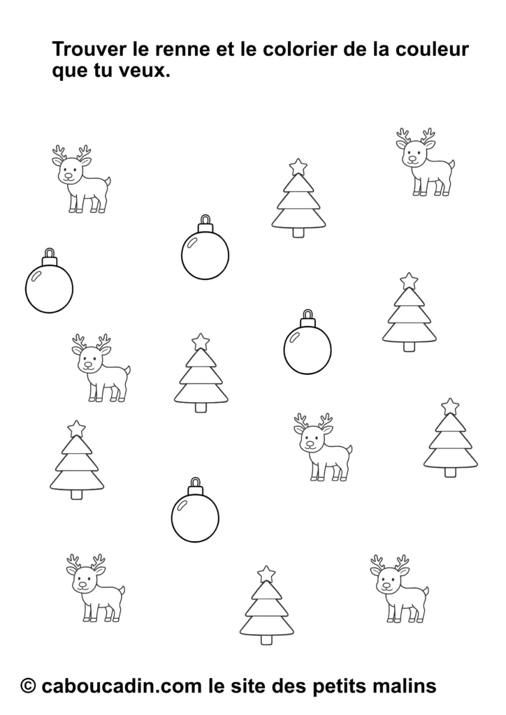 Fiche Maternelle de Noël : Trouver et Colorier les Boules, Sapins et Rennes Fiche Maternelle de Noël : Trouver et Colorier les Boules, Sapins et Rennes
