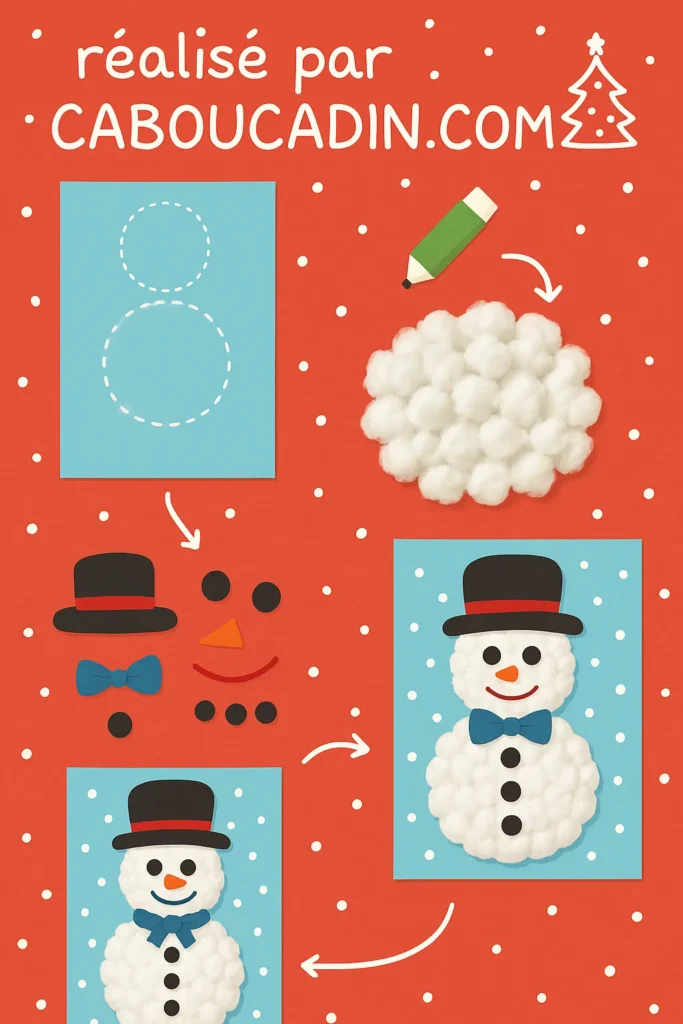 Bricolage de Noël enfant : bonhomme de neige en coton facile à réaliser en maternelle illustration tuto bonhomme de neige caboucadin avec boules de coton