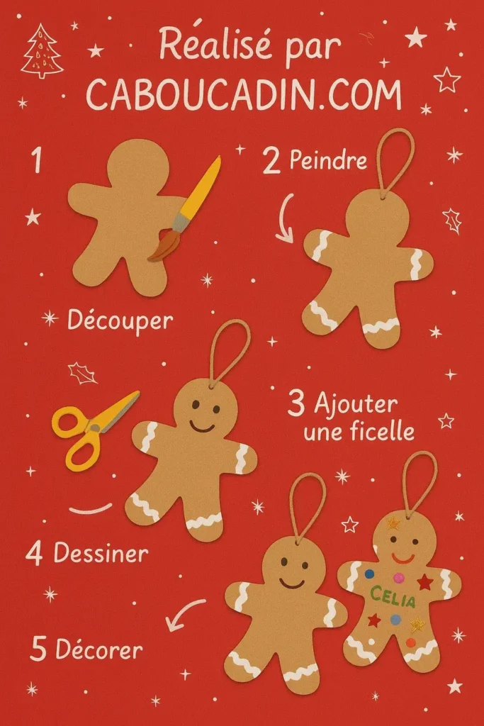 Bricolage de Noël enfant : bonhommes en pain d’épices à fabriquer et décorer en maternelle illustration tuto bonhomme en pain epice denoel en carton