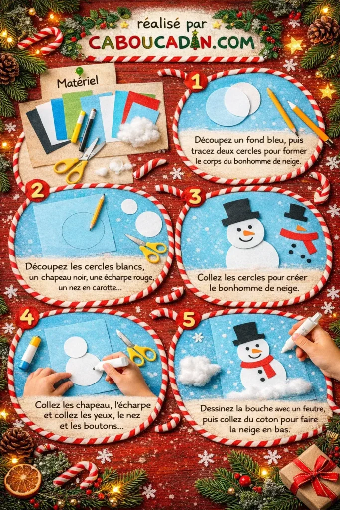 Carte de Noël enfant : bonhomme de neige en papier avec coton illustration tuto carte de noel bonhome de neige avec coton