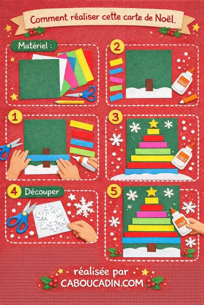 Bricolage de Noël enfant : carte sapin en bandes de papier colorées illustration tuto carte noel sapin avec bande de papier multicolore