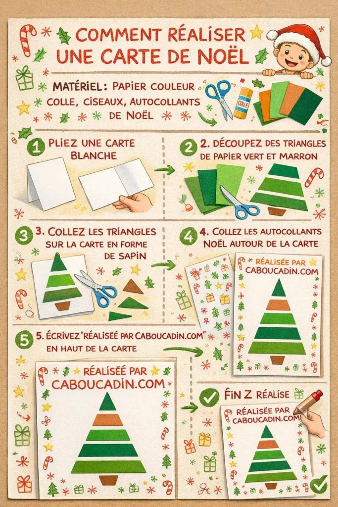 Bricolage de Noël maternelle : sapin en papier avec bandes de couleurs, activité facile pour enfants illustration tuto carte noel sapin avec bandes papier couleur vert