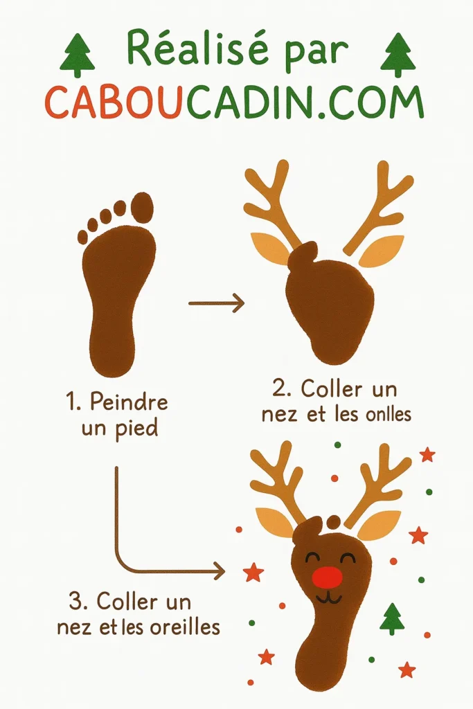 Bricolage Noël Maternelle : Renne en Empreinte de Pied (Activité Facile et Originale) illustration tuto renne de noel avec empreinte de pied