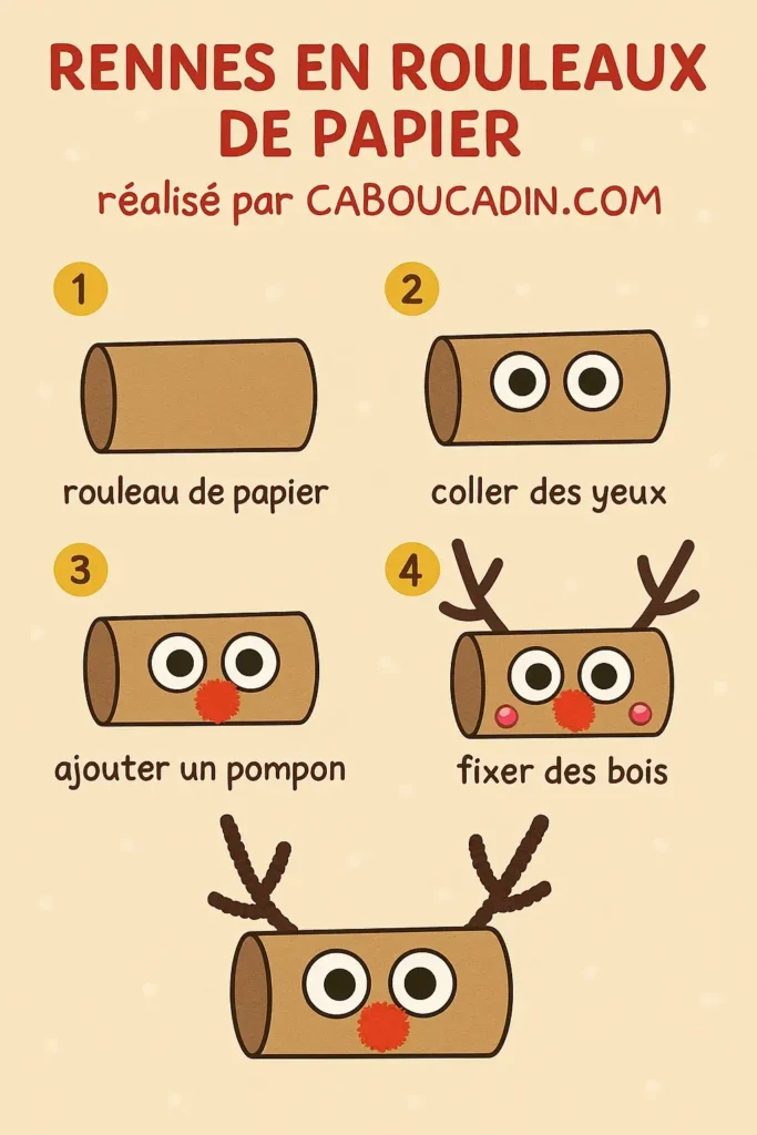 Rennes de Noël en rouleaux de carton : le bricolage facile et trop mignon pour enfants illustration tuto renne de noel avec rouleau en carton horizontal