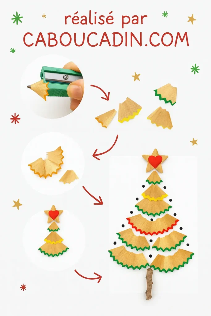 illustration tuto sapin de noel avec pelures crayons de couleurs