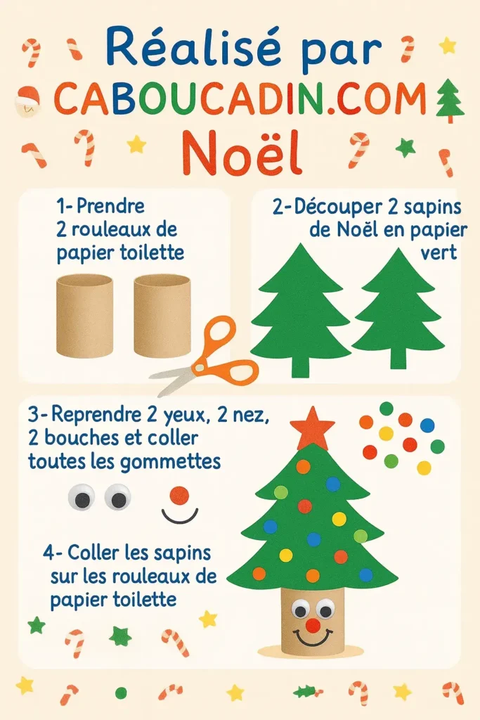 Bricolage de Noël en maternelle : fabriquer un sapin avec un rouleau de papier toilette illustration tuto sapin de noel avec rouleau en carton