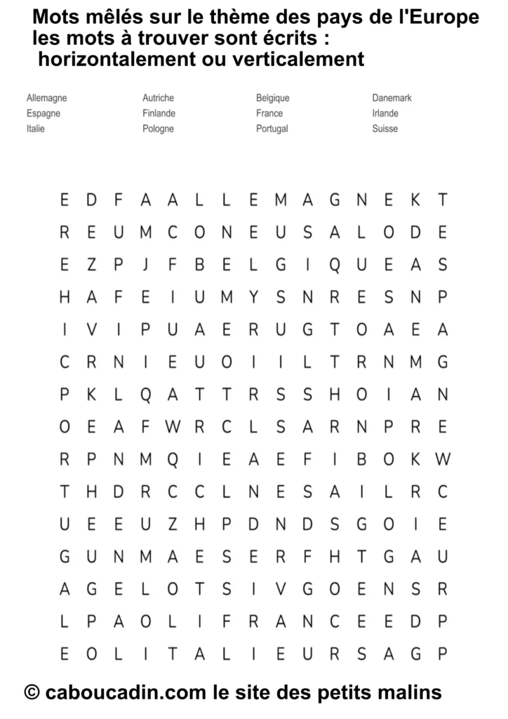 10 grilles de mots mêlés sur les pays européens 10 grilles de mots mêlés sur les pays européens