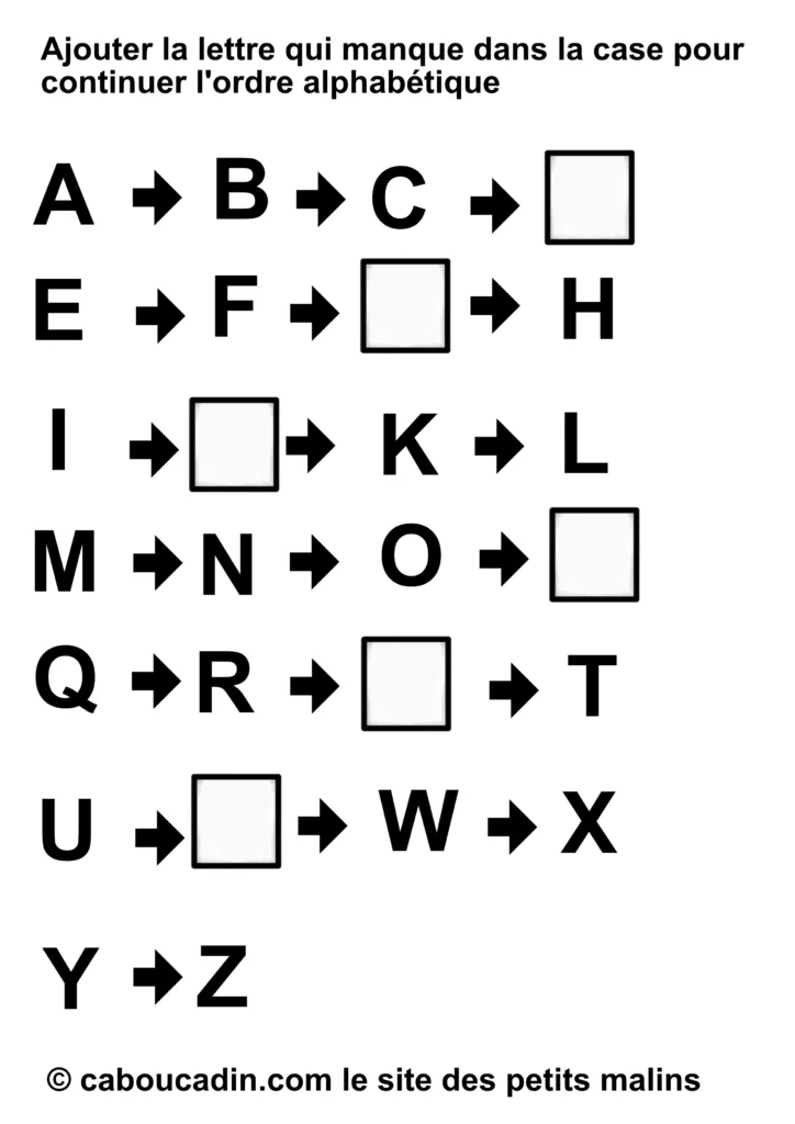 Fiche maternelle alphabet : compléter l’ordre alphabétique avec les lettres manquantes fiche maternelle ordre alphabet remplir case 1 1