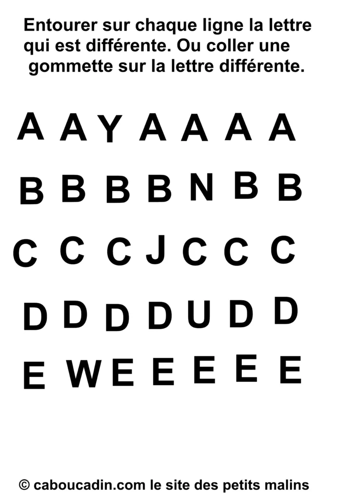 Fiche maternelle alphabet : trouver et entourer la lettre différente