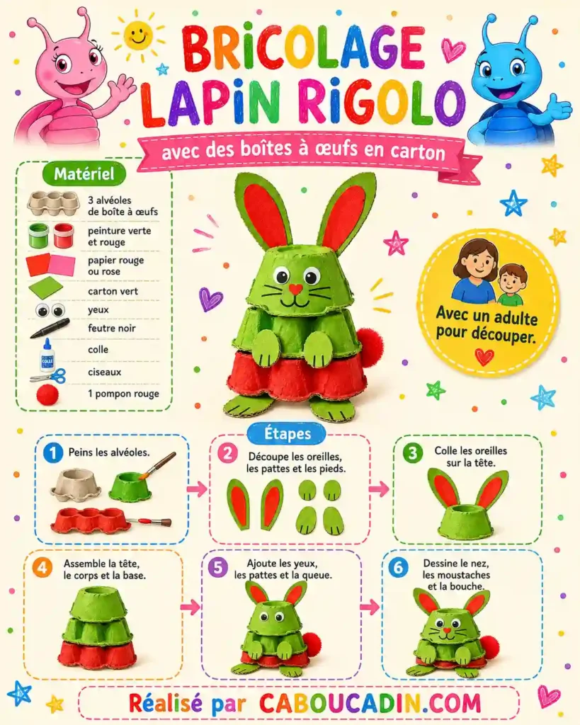 Bricolage lapin rigolo avec une boîte à œufs en carton illustration lapin fabriquer avec boite a oeufs caboucadin