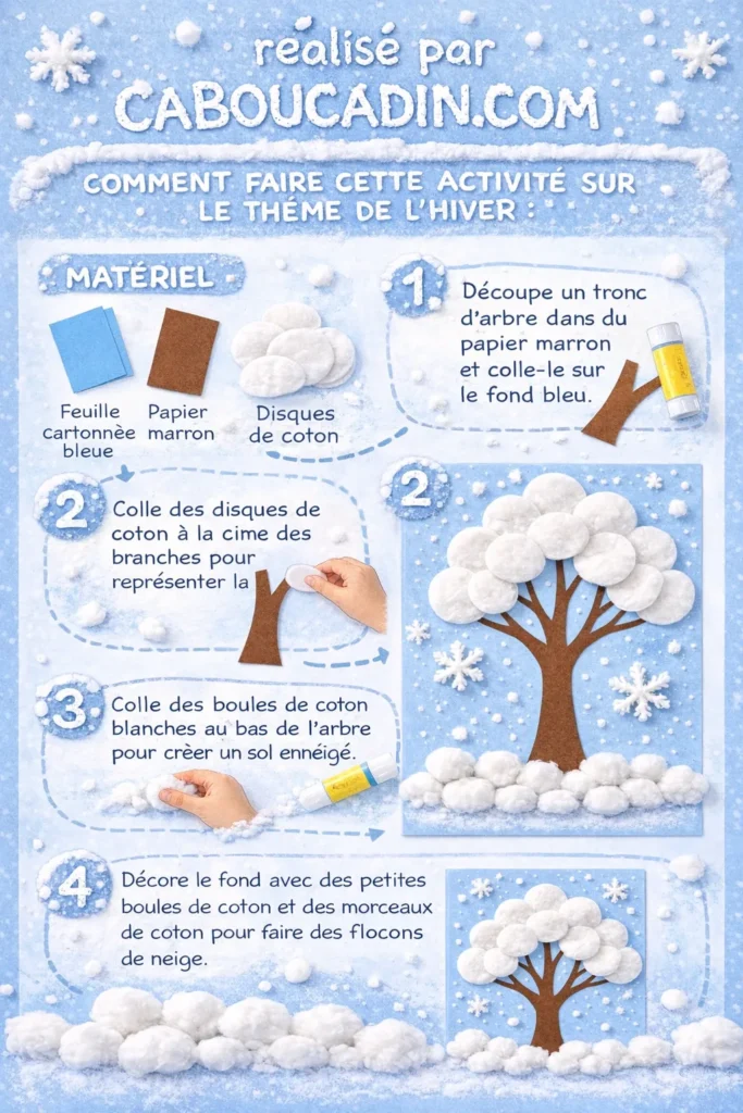 illustration tuto arbre hiver neige avec coton a demaquiller