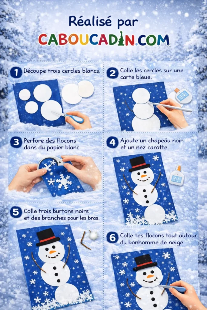 illustration tuto bonhomme neige hiver avec 3 cercles de papier blanc