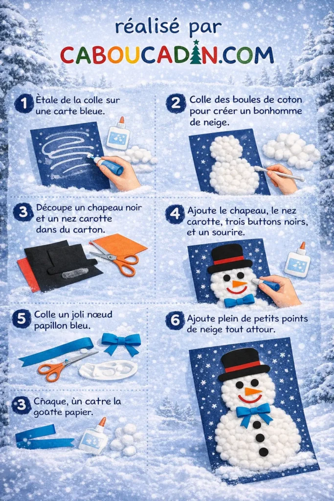 illustration tuto bonhomme neige hiver boules de coton