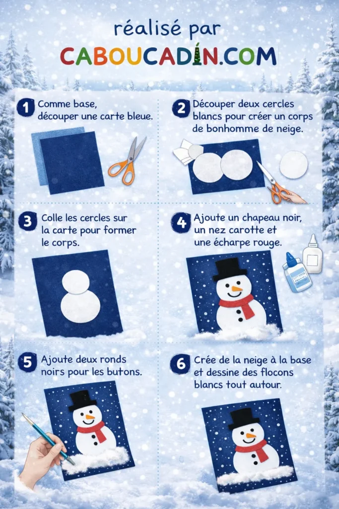 Carte d’hiver enfant : fabriquer un bonhomme de neige avec du coton illustration tuto carte bonhomme neige hiver avec coton