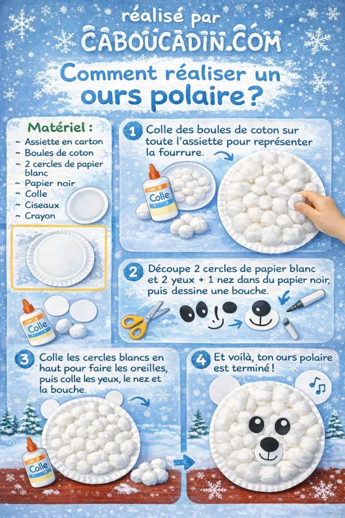 illustration tuto ours polaire avec assiette carton et boules de coton